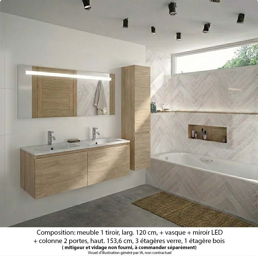 Ensemble meuble de salle de bain Oxford 140 cm chêne Sanremo, plan double double vasque marbre reconstitué,  2 tiroirs + colonne P. 35 cm x H. 153 cm  , miroir LED
