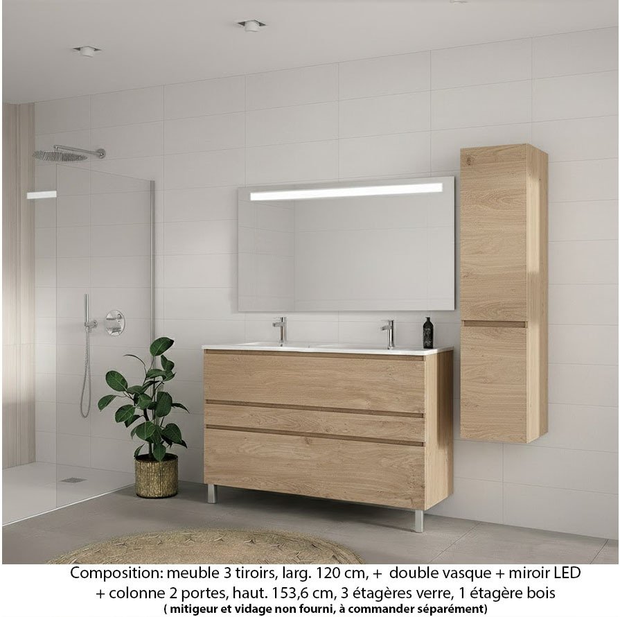 Ensemble meuble de salle de bain Oxford 120 cm chêne Sanremo, plan double vasque marbre reconstitué,  3 tiroirs + colonne P. 35 cm x H. 153 cm  , miroir LED
