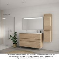 Ensemble meuble de salle de bain Oxford 120 cm chêne Sanremo, plan double vasque marbre reconstitué, 3 tiroirs + colonne P. 35 cm x H. 153 cm , miroir LED
