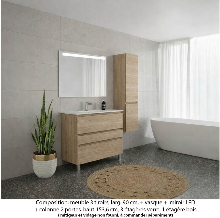 Ensemble meuble de salle de bain Oxford 90 cm chêne Sanremo, plan vasque marbre reconstitué,  3 tiroirs + colonne P. 35 cm x H. 153 cm  , miroir LED