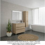 Ensemble meuble de salle de bain Oxford 90 cm chêne Sanremo, plan vasque marbre reconstitué, 3 tiroirs + colonne P. 35 cm x H. 153 cm , miroir LED