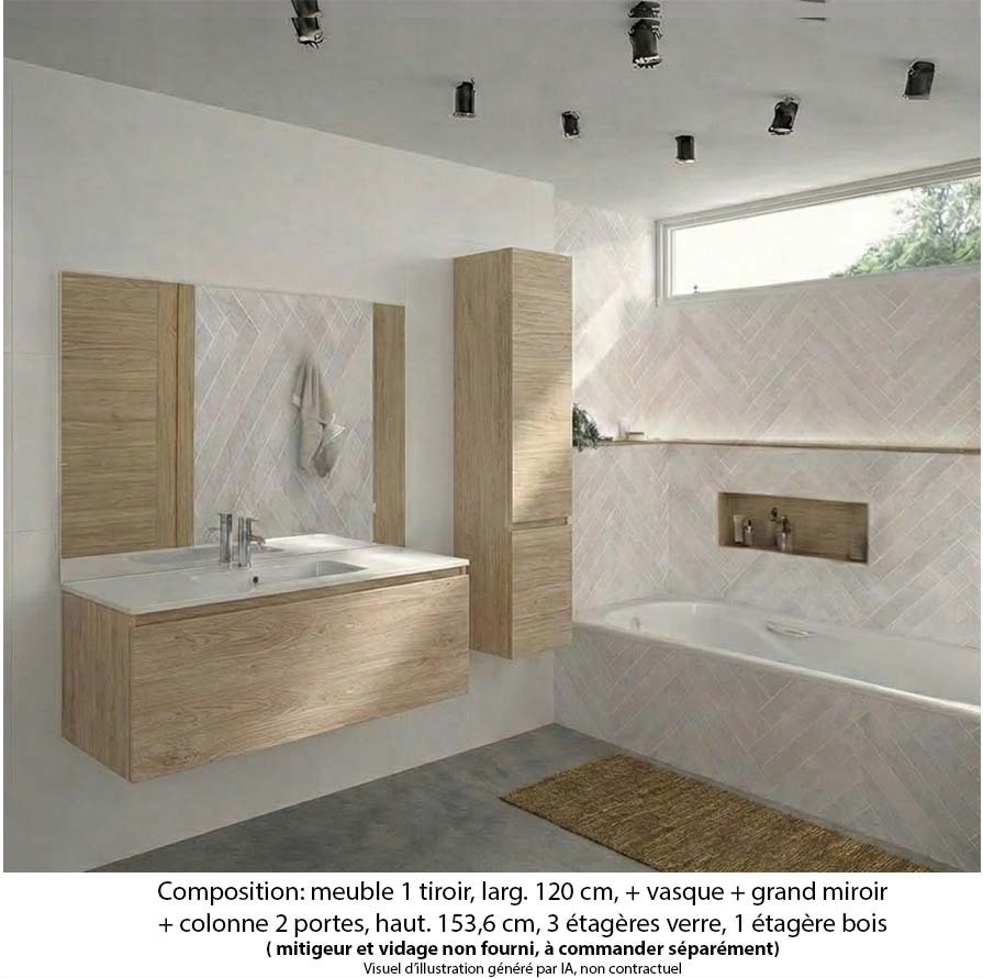 Ensemble meuble de salle de bain Oxford 120 cm chêne sanremo, plan vasque marbre reconstitué, 1 tiroir , miroir plan , colonne P. 35 cm x H. 153 cm