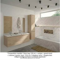 Ensemble meuble de salle de bain Oxford 120 cm chêne sanremo, plan double vasque marbre reconstitué, 1 tiroir , miroir plan , colonne P. 35 cm x H. 153 cm
