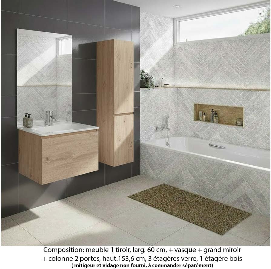 Ensemble meuble de salle de bain Oxford 60 cm chêne sanremo, plan vasque marbre reconstitué, 1 tiroir , miroir plan , colonne P. 35 cm x H. 153 cm