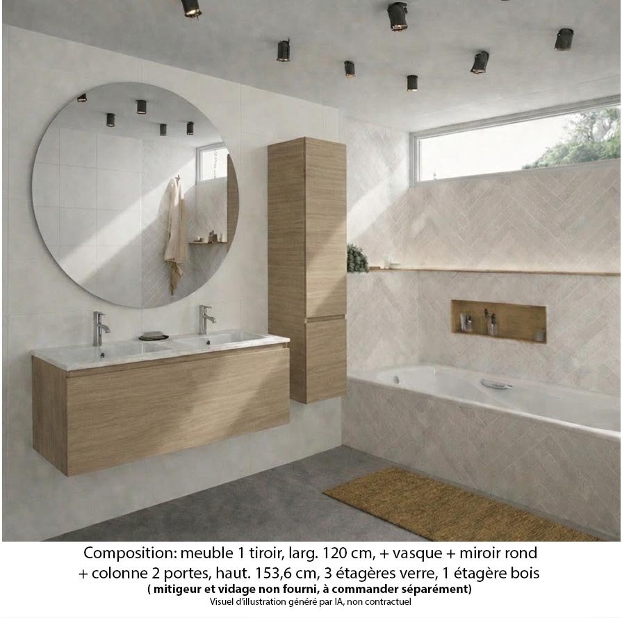 Ensemble meuble de salle de bain Oxford 120 cm chêne sanremo, plan double vasque céramique, 1 tiroir , miroir rond , colonne P. 35 cm x H. 153 cm
