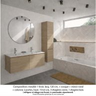 Ensemble meuble de salle de bain Oxford 120 cm chêne sanremo, plan double vasque marbre reconstitué, 2 tiroirs , miroir rond , colonne P. 35 cm x H. 153 cm