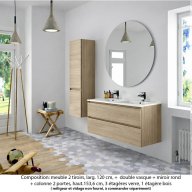 Ensemble meuble de salle de bain Oxford 120 cm chêne sanremo, plan double vasque marbre reconstitué, 2 tiroirs , miroir rond , colonne P. 35 cm x H. 153 cm