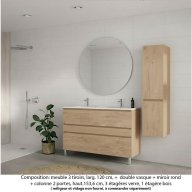 Ensemble meuble de salle de bain Oxford 120 cm chêne sanremo, plan double vasque marbre reconstitué, 3 tiroirs , miroir rond , colonne P. 35 cm x H. 153 cm