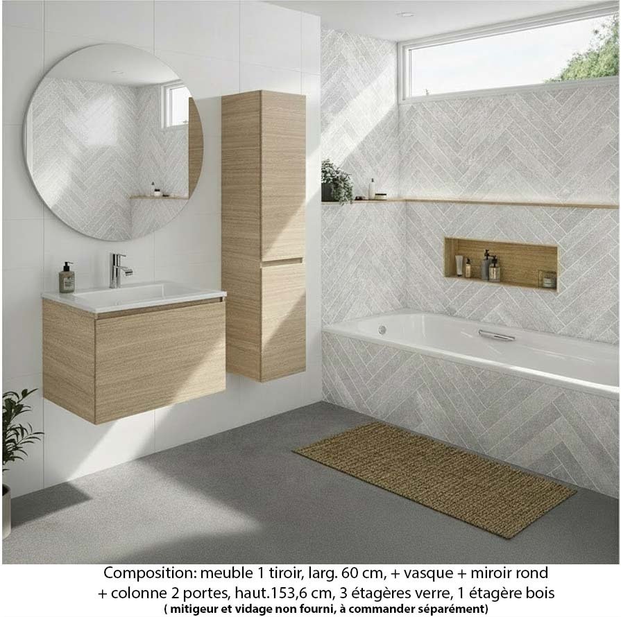 Ensemble meuble de salle de bain Oxford 60 cm chêne sanremo, plan vasque marbre reconstitué, 1 tiroir , miroir rond , colonne P. 35 cm x H. 153 cm