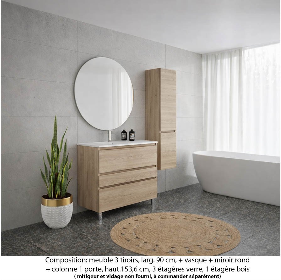 Ensemble meuble de salle de bain Oxford 90 cm chêne sanremo, plan vasque marbre reconstitué, 3 tiroirs , miroir rond , colonne P. 35 cm x H. 153 cm