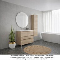 Ensemble meuble de salle de bain Oxford 90 cm chêne sanremo, plan vasque marbre reconstitué, 3 tiroirs , miroir rond , colonne P. 35 cm x H. 153 cm