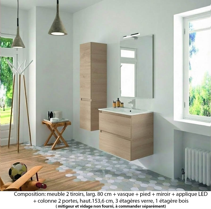 Ensemble meuble de salle de bain Oxford 80 cm chêne sanremo, plan vasque marbre reconstitué, 2 tiroirs , miroir simple , applique , colonne (ch. à gauche)