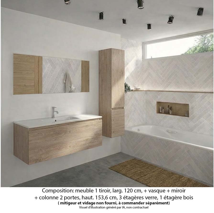 Ensemble meuble de salle de bain Oxford 120 cm chêne sanremo, plan vasque marbre reconstitué, 1 tiroir , miroir simple , colonne P. 35 cm x H. 153 cm