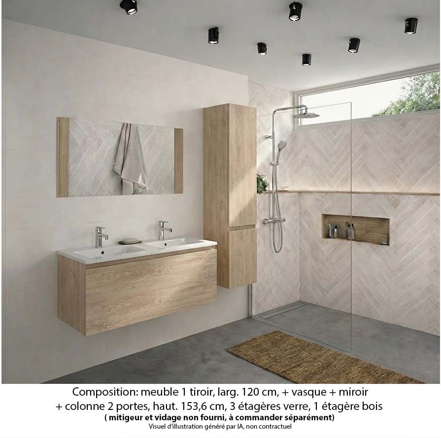 Ensemble meuble de salle de bain Oxford 120 cm chêne sanremo, plan double vasque marbre reconstitué, 1 tiroir , miroir simple , colonne P. 35 cm x H. 153 cm