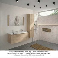 Ensemble meuble de salle de bain Oxford 120 cm chêne sanremo, plan double vasque marbre reconstitué, 1 tiroir , miroir simple , colonne P. 35 cm x H. 153 cm