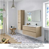 Ensemble meuble de salle de bain Oxford 120 cm chêne sanremo, plan double vasque marbre reconstitué, 2 tiroirs , miroir simple , colonne P. 35 cm x H. 153 cm