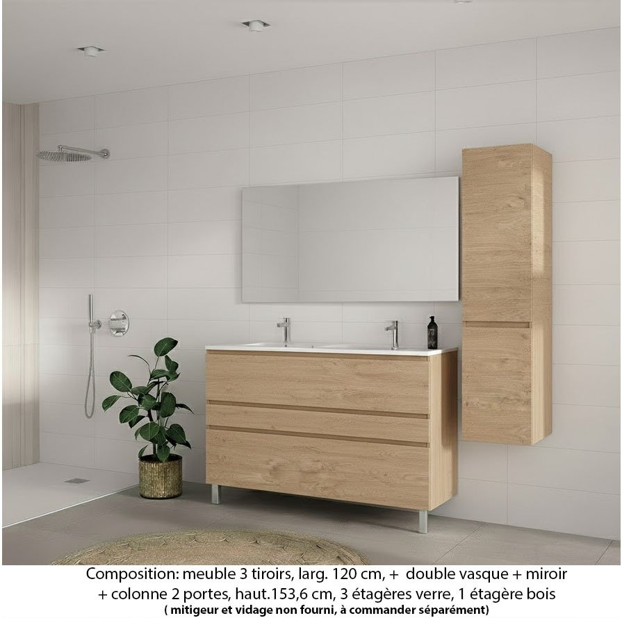 Ensemble meuble de salle de bain Oxford 120 cm chêne sanremo, plan double vasque marbre reconstitué, 3 tiroirs , miroir simple , colonne P. 35 cm x H. 153 cm