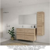 Ensemble meuble de salle de bain Oxford 120 cm chêne sanremo, plan double vasque marbre reconstitué, 6 tiroirs , miroir simple , colonne P. 35 cm x H. 153 cm