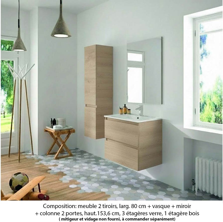 Ensemble meuble de salle de bain Oxford 80 cm chêne sanremo, plan vasque marbre reconstitué, 2 tiroirs , miroir simple , colonne (ch. à gauche)