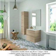 Ensemble meuble de salle de bain Oxford 80 cm chêne sanremo, plan vasque céramique, 2 tiroirs , miroir simple , colonne P. 35 cm x H. 153 cm