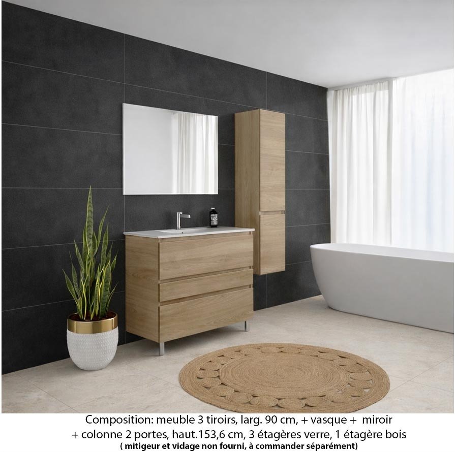 Ensemble meuble de salle de bain Oxford 90 cm chêne sanremo, plan vasque marbre reconstitué, 3 tiroirs , miroir simple , colonne P. 35 cm x H. 153 cm