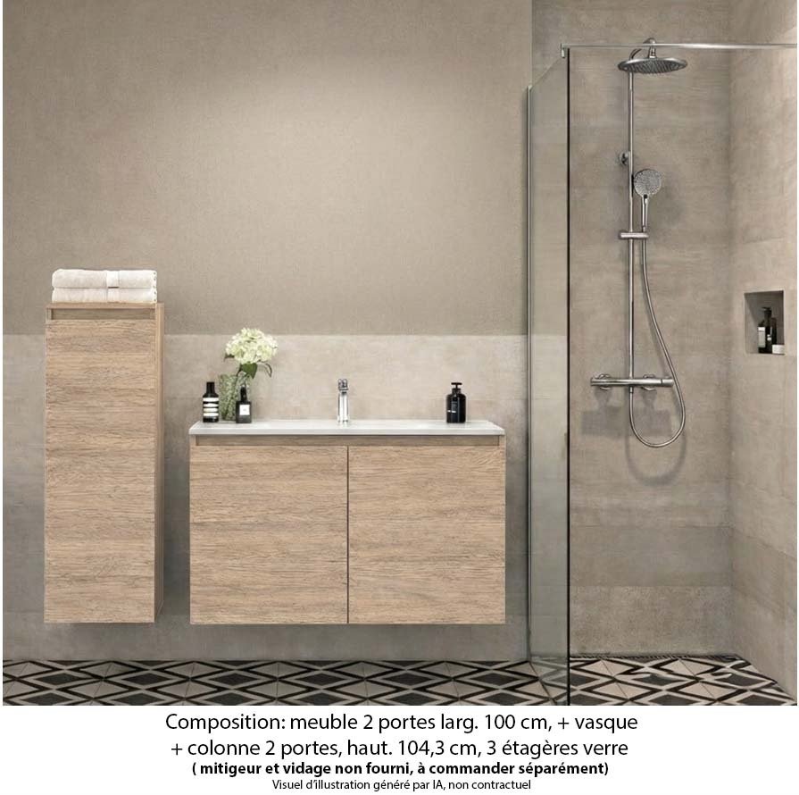 Ensemble meuble de salle de bain Oxford 60 cm chêne Sanremo, plan vasque marbre reconstitué,  2 portes + colonne P. 17 cm x H. 104 cm