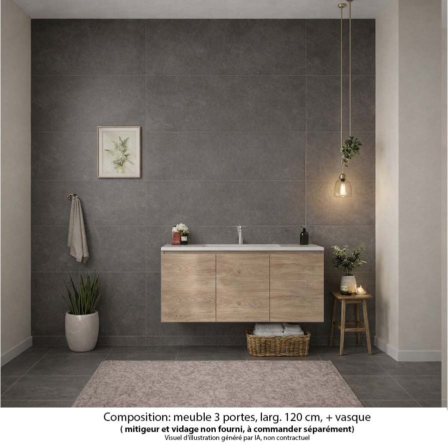 Ensemble meuble de salle de bain Oxford 120 cm chêne Sanremo, plan vasque céramique,  3 portes + colonne P. 17 cm x H. 104 cm