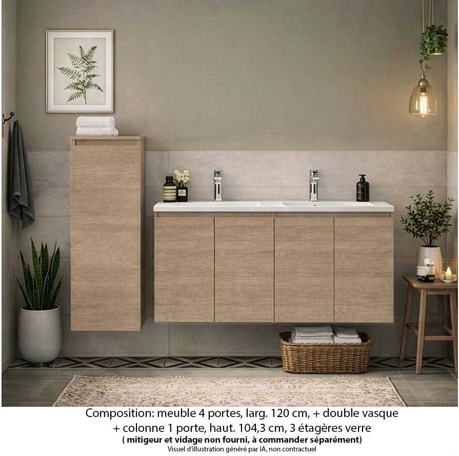 Ensemble meuble de salle de bain Oxford 120 cm chêne Sanremo, plan vasque marbre reconstitué,  4 portes + colonne P. 17 cm x H. 104 cm