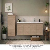 Ensemble meuble de salle de bain Oxford 120 cm chêne Sanremo, plan vasque marbre reconstitué, 4 portes + colonne P. 17 cm x H. 104 cm