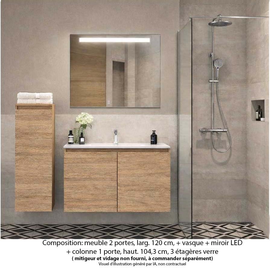 Ensemble meuble de salle de bain Oxford 60 cm chêne Sanremo, plan vasque marbre reconstitué,  2 portes +colonne P. 17 cm x H. 104 cm  , miroir LED