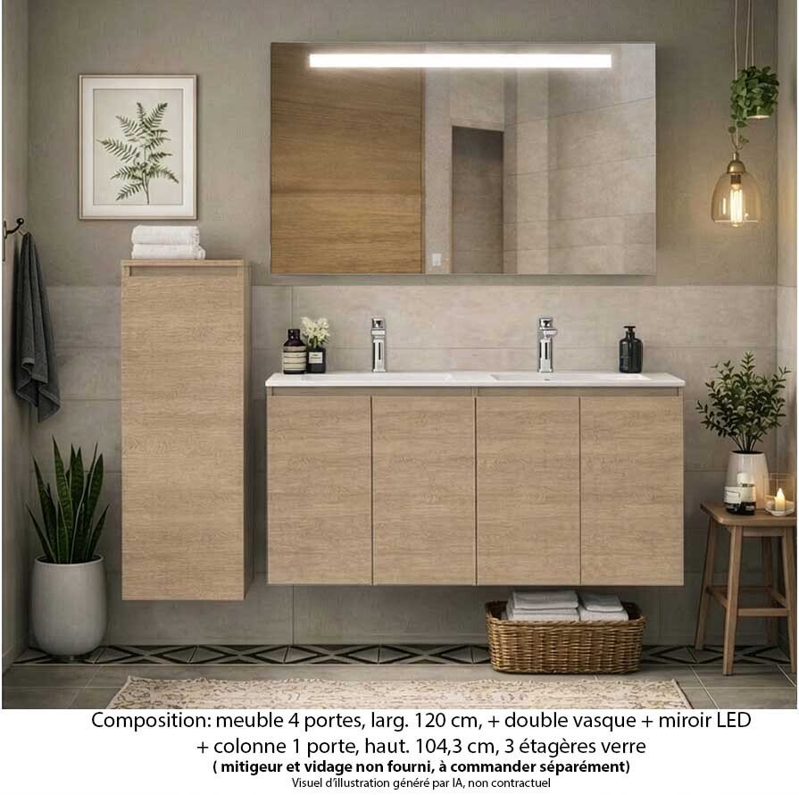 Ensemble meuble de salle de bain Oxford 120 cm chêne Sanremo, plan vasque marbre reconstitué,  4 portes +colonne P. 17 cm x H. 104 cm  , miroir LED