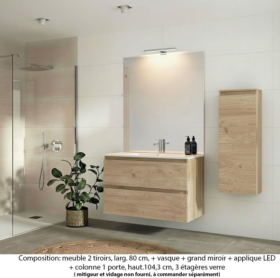 Ensemble meuble de salle de bain Oxford 100 cm chêne sanremo, plan vasque céramique, 2 tiroirs , miroir plan , applique , colonne P. 17 cm x H. 104 cm