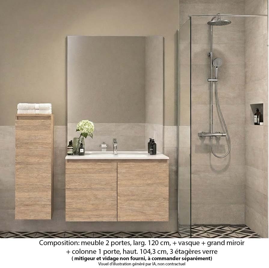 Ensemble meuble de salle de bain Oxford 60 cm chêne sanremo, plan vasque marbre reconstitué, 2 portes , miroir plan , colonne P. 17 cm x H. 104 cm