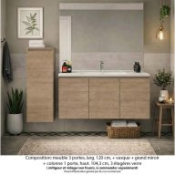 Ensemble meuble de salle de bain Oxford 120 cm chêne sanremo, plan vasque céramique, 3 portes , miroir plan , colonne P. 35 cm x H. 104 cm