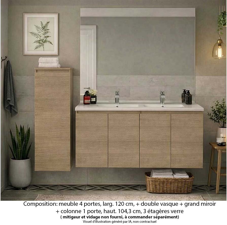Ensemble meuble de salle de bain Oxford 120 cm chêne sanremo, plan vasque marbre reconstitué, 4 portes , miroir plan , colonne P. 17 cm x H. 104 cm