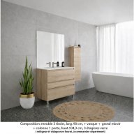 Ensemble meuble de salle de bain Oxford 90 cm chêne sanremo, plan vasque marbre reconstitué, 3 tiroirs , miroir plan , colonne P.17 cm x H. 104 cm