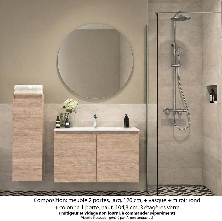 Ensemble meuble de salle de bain Oxford 60 cm chêne sanremo, plan vasque marbre reconstitué, 2 portes , miroir rond , colonne P. 17 cm x H. 104 cm