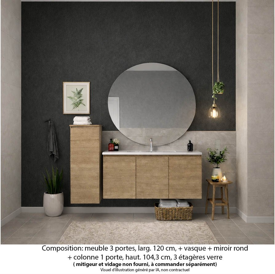 Ensemble meuble de salle de bain Oxford 120 cm chêne sanremo, plan vasque céramique, 3 portes , miroir rond , colonne P. 17 cm x H. 104 cm