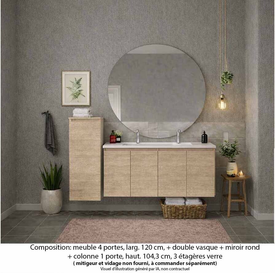 Ensemble meuble de salle de bain Oxford 120 cm chêne sanremo, plan vasque marbre reconstitué, 4 portes , miroir rond , colonne P. 17 cm x H. 104 cm