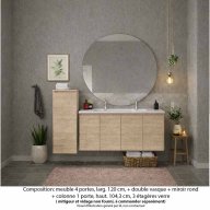 Ensemble meuble de salle de bain Oxford 120 cm chêne sanremo, plan vasque marbre reconstitué, 4 portes , miroir rond , colonne P. 17 cm x H. 104 cm