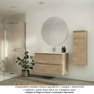 Ensemble meuble de salle de bain Oxford 100 cm chêne sanremo, plan vasque marbre reconstitué, 2 tiroirs , miroir rond , colonne P. 17 cm x H. 104 cm