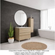 Ensemble meuble de salle de bain Oxford 90 cm chêne sanremo, plan vasque marbre reconstitué, 3 tiroirs , miroir rond , colonne P.17 cm x H. 104 cm