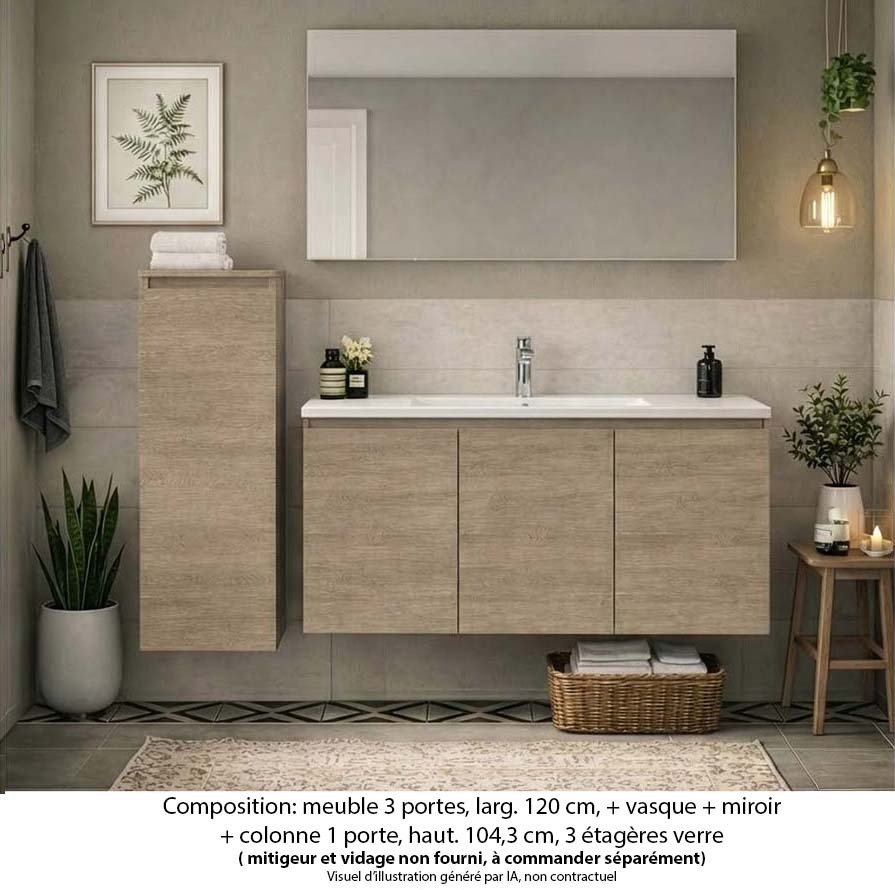 Ensemble meuble de salle de bain Oxford 120 cm chêne sanremo, plan vasque céramique, 3 portes , miroir simple , colonne P. 17 cm x H. 104 cm