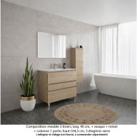 Ensemble meuble de salle de bain Oxford 90 cm chêne sanremo, plan vasque marbre reconstitué, 3 tiroirs , miroir simple , colonne P.17 cm x H. 104 cm