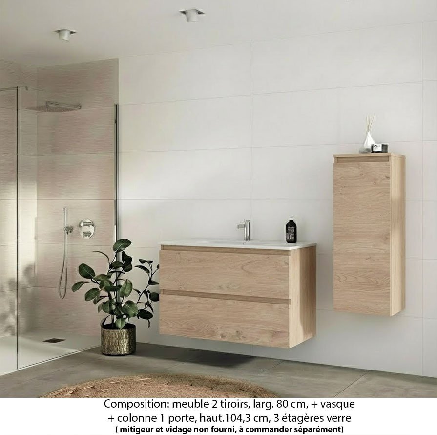 Ensemble meuble de salle de bain Oxford 80 cm chêne Sanremo, plan vasque marbre reconstitué,  2 tiroirs + colonne P. 35 cm x H. 104 cm