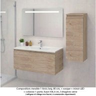 Ensemble meuble de salle de bain Oxford 80 cm chêne Sanremo, plan vasque marbre reconstitué, 1 tiroir + colonne P. 35 cm x H. 104 cm , miroir LED