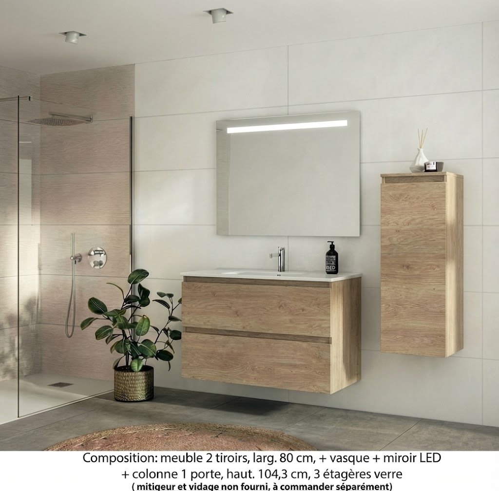 Ensemble meuble de salle de bain Oxford 80 cm chêne Sanremo, plan vasque marbre reconstitué,  2 tiroirs + colonne P. 35 cm x H. 104 cm , miroir LED