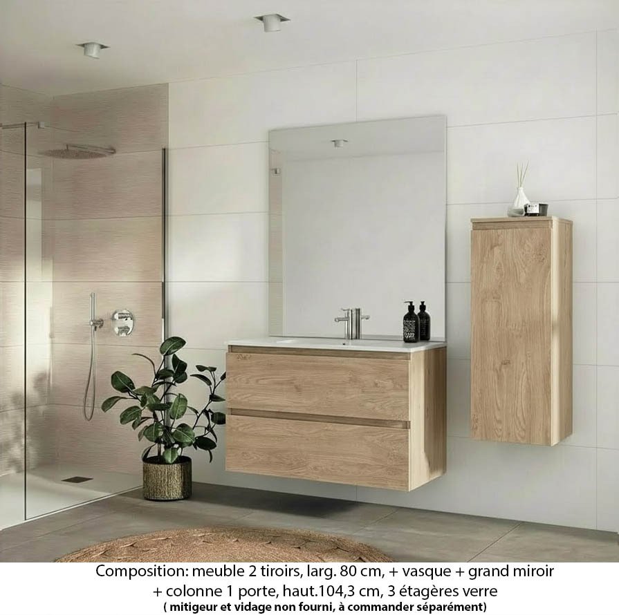Ensemble meuble de salle de bain Oxford 80 cm chêne sanremo, plan vasque céramique, 2 tiroirs , miroir plan , colonne P. 35 cm x H. 104 cm