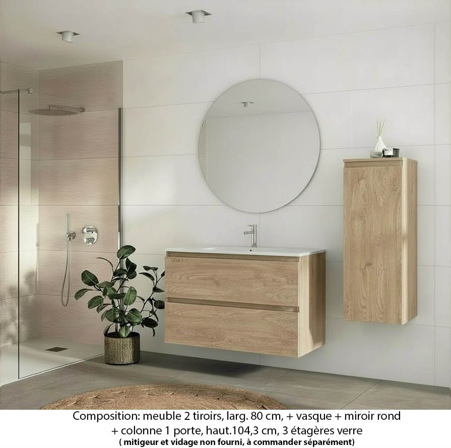 Ensemble meuble de salle de bain Oxford 80 cm chêne sanremo, plan vasque céramique, 2 tiroirs , miroir rond , colonne P. 35 cm x H. 104 cm