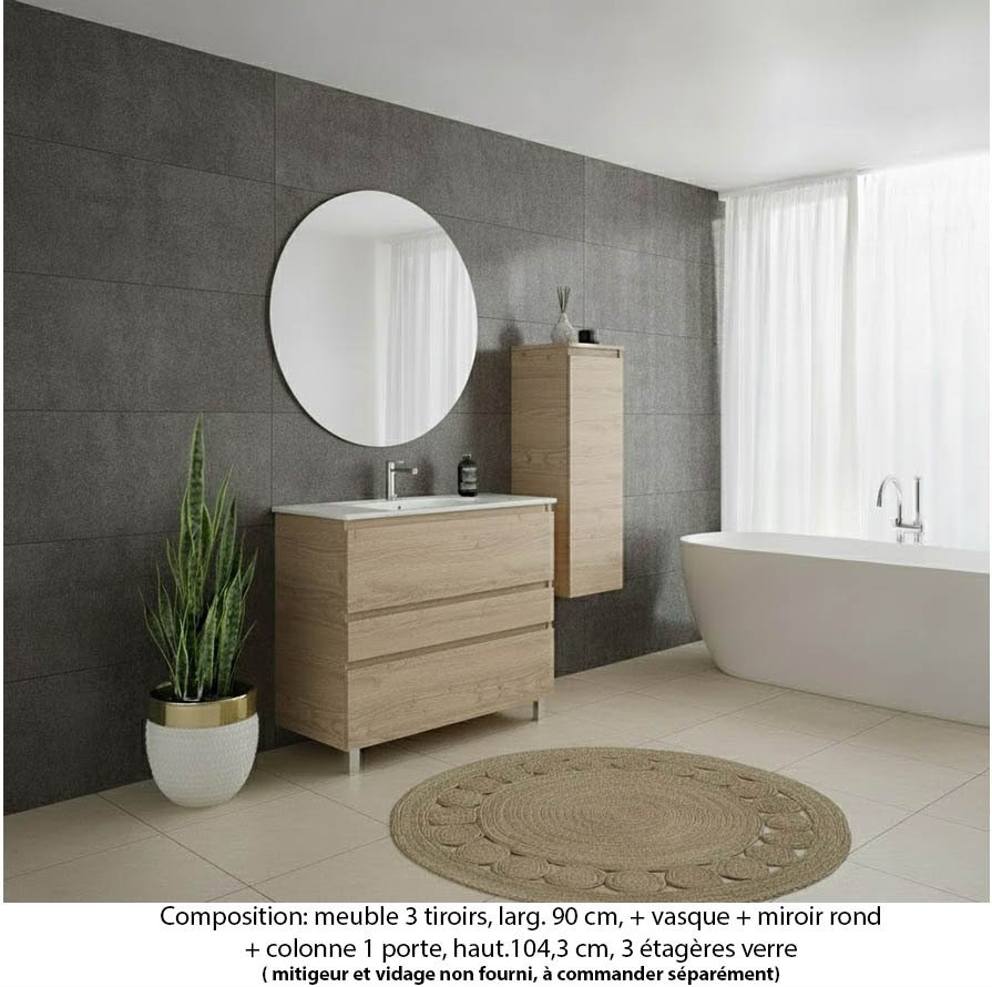 Ensemble meuble de salle de bain Oxford 90 cm chêne sanremo, plan vasque marbre reconstitué, 3 tiroirs , miroir rond , colonne P. 35 cm x H. 104 cm